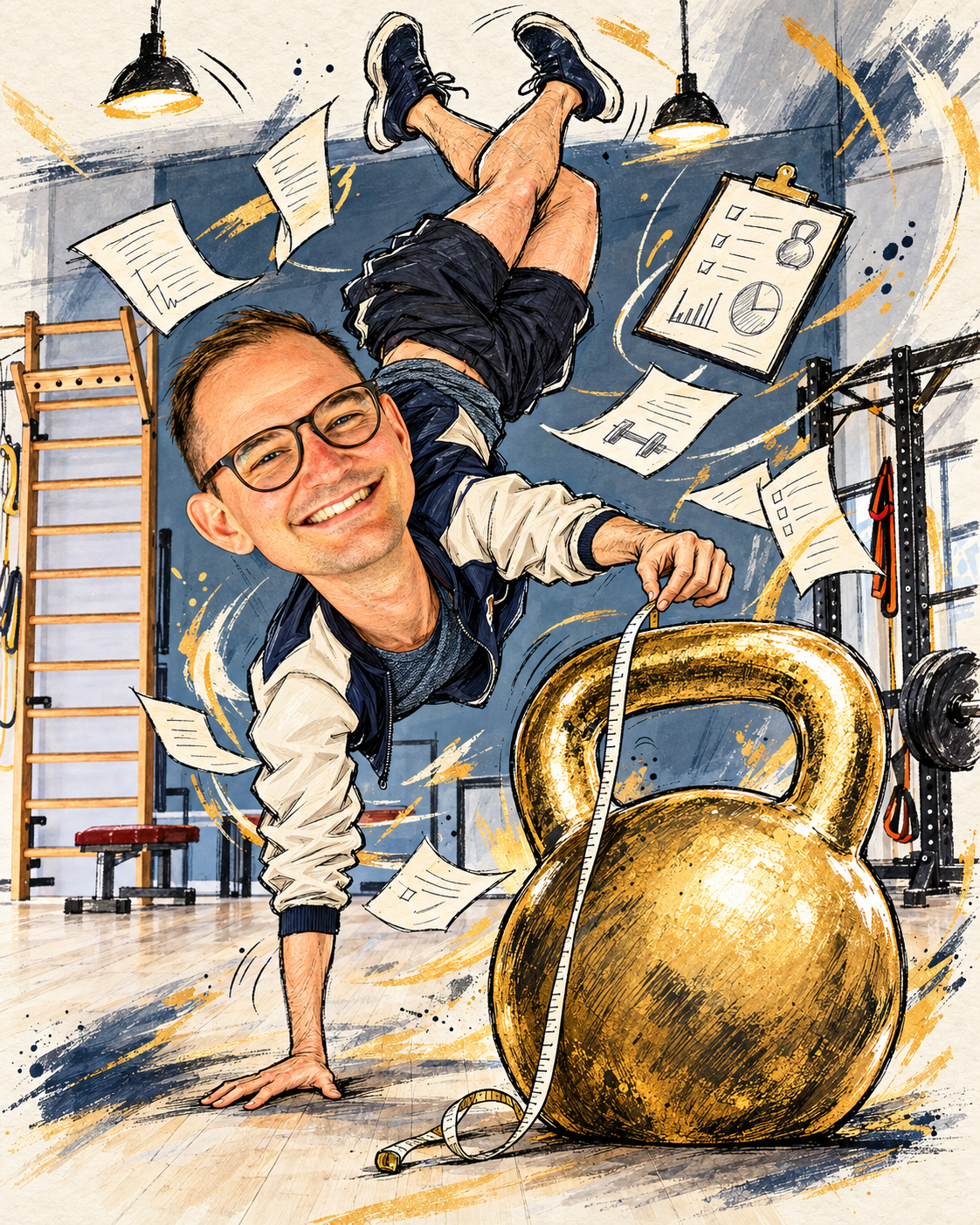 Karikatur: Benedict misst im Handstand eine riesige goldene Kettlebell im Trainingsstudio.