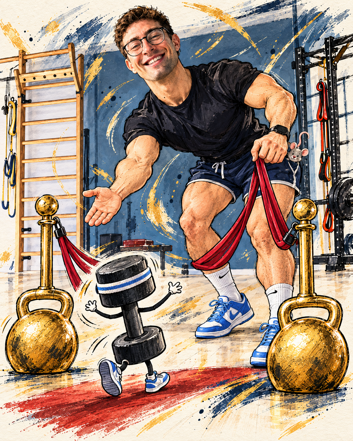 Karikatur: Leon öffnet lachend eine Absperrung aus Trainingsbändern für den Einstieg ins Studio.