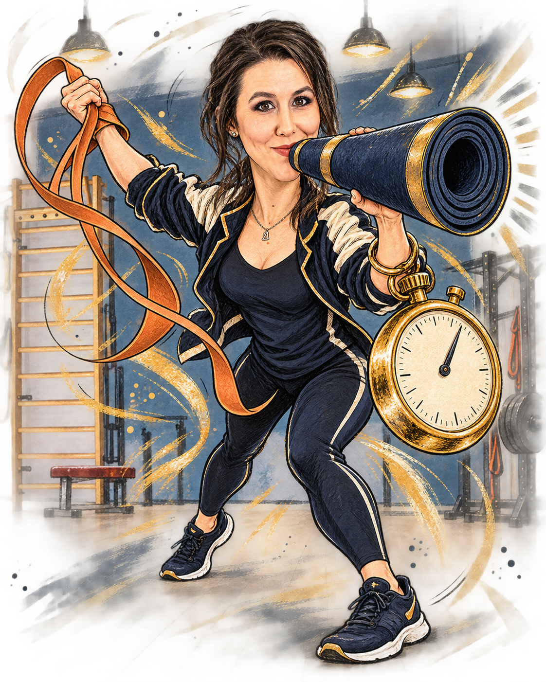 Karikatur: Daphne hält ein Trainingsband und spricht lachend durch eine zusammengerollte Yogamatte.