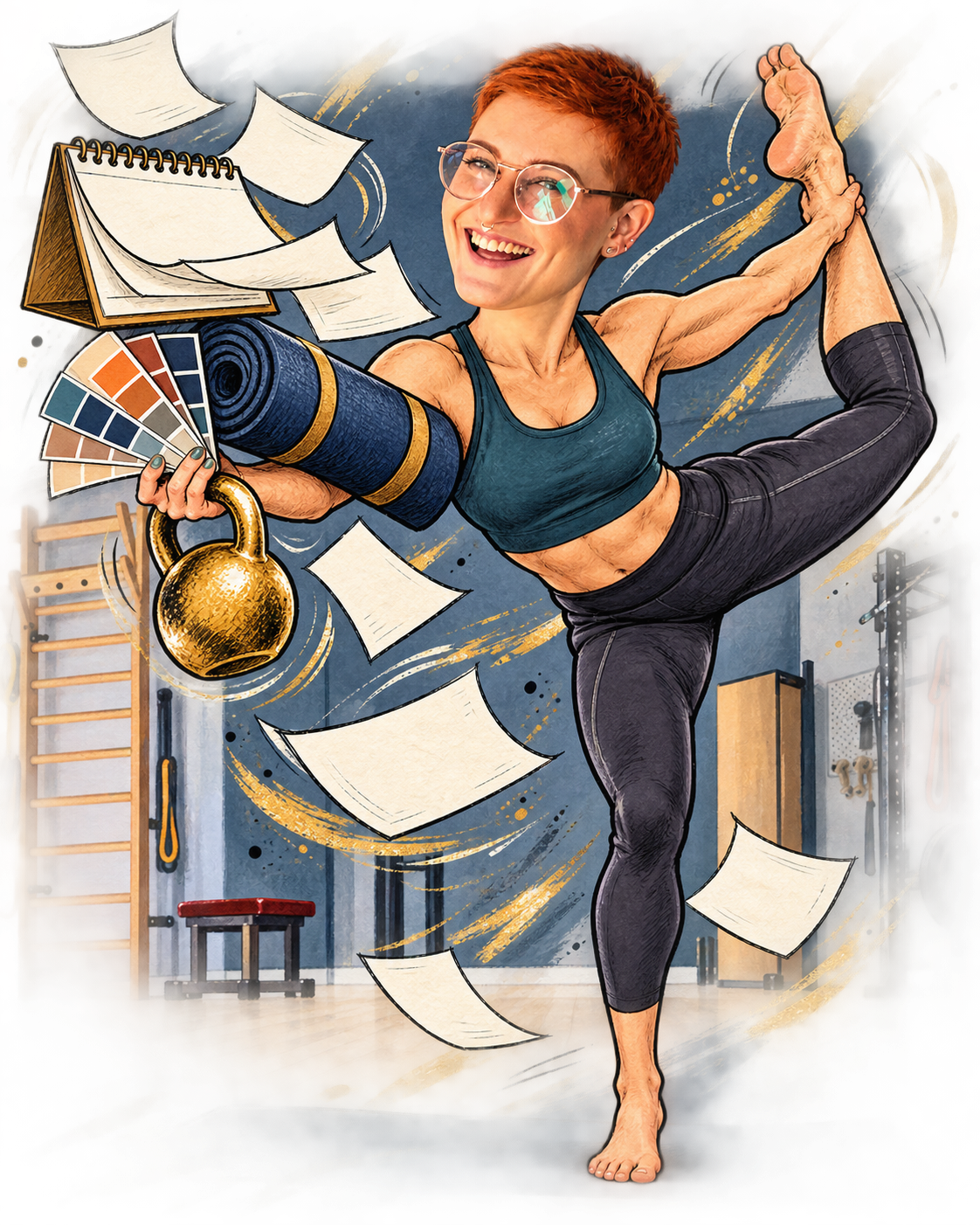 Karikatur: Julia balanciert in einer Yogapose Kalender, Kettlebell und Designentwürfe.
