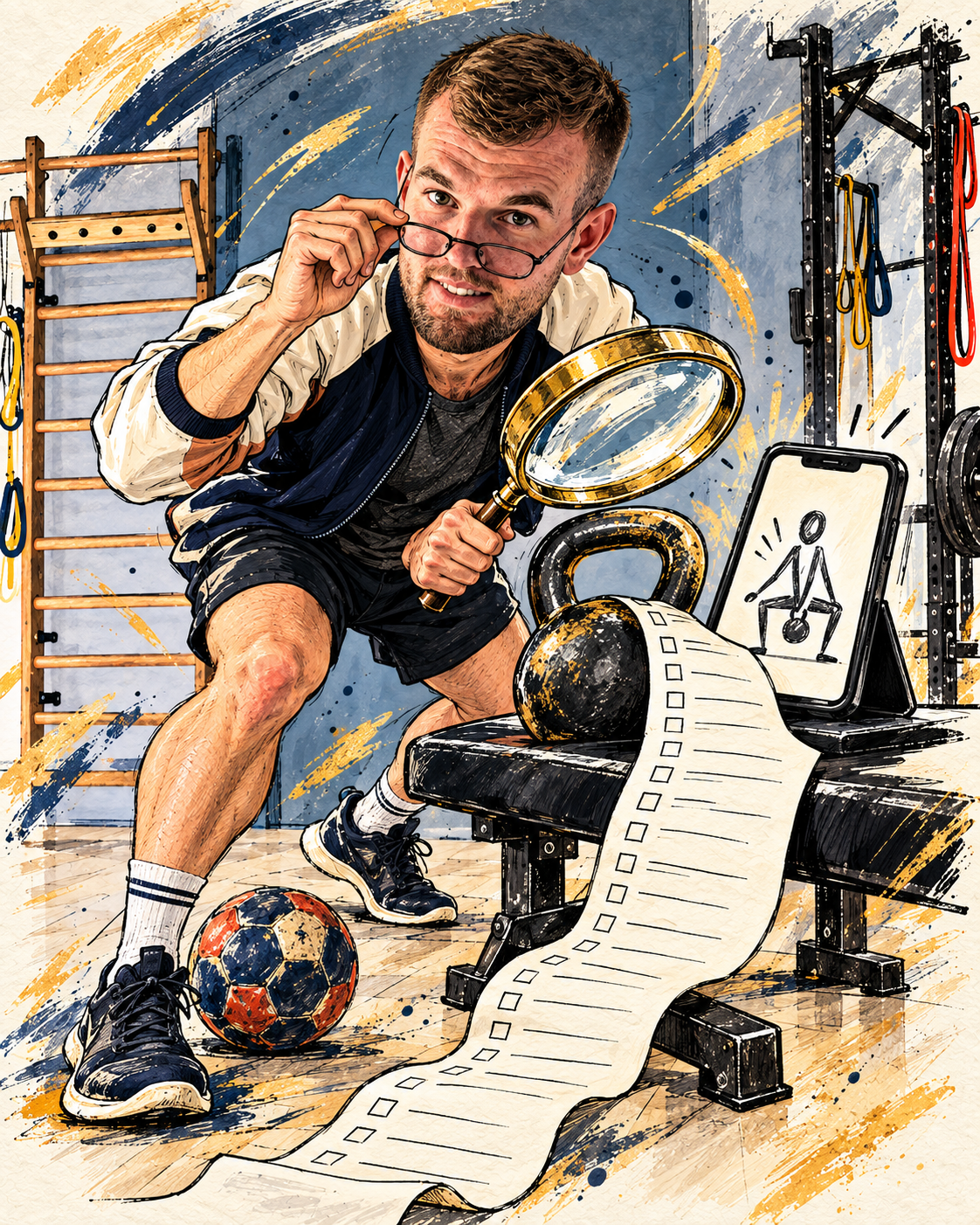 Karikatur: Julius prüft ein Übungsvideo auf dem Smartphone mit Lupe und ausführlichem Trainingsplan.